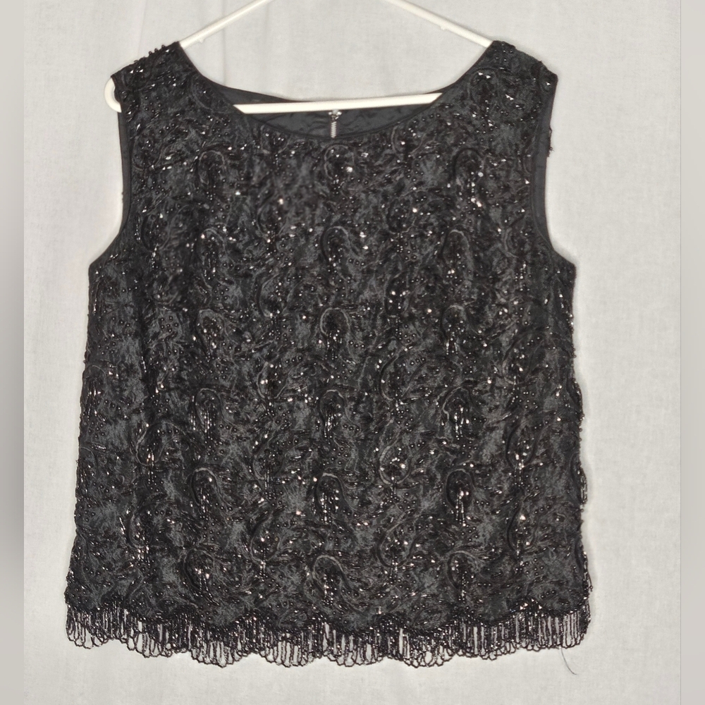 Vintage 60's Black Beaded Wide Neck Tank Top Sz L